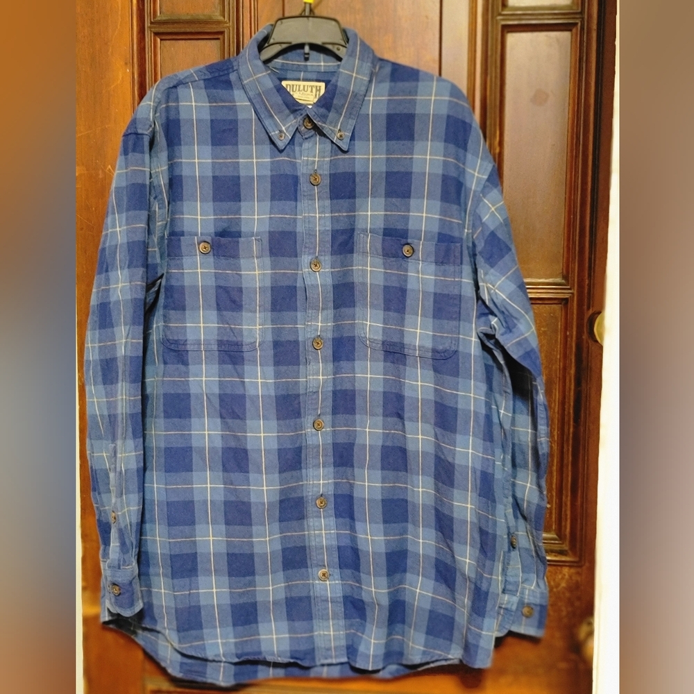 Duluth Trading Mens Free Swingin Blue Plaid Flannel Relaxed Fit Shirt Large Tall